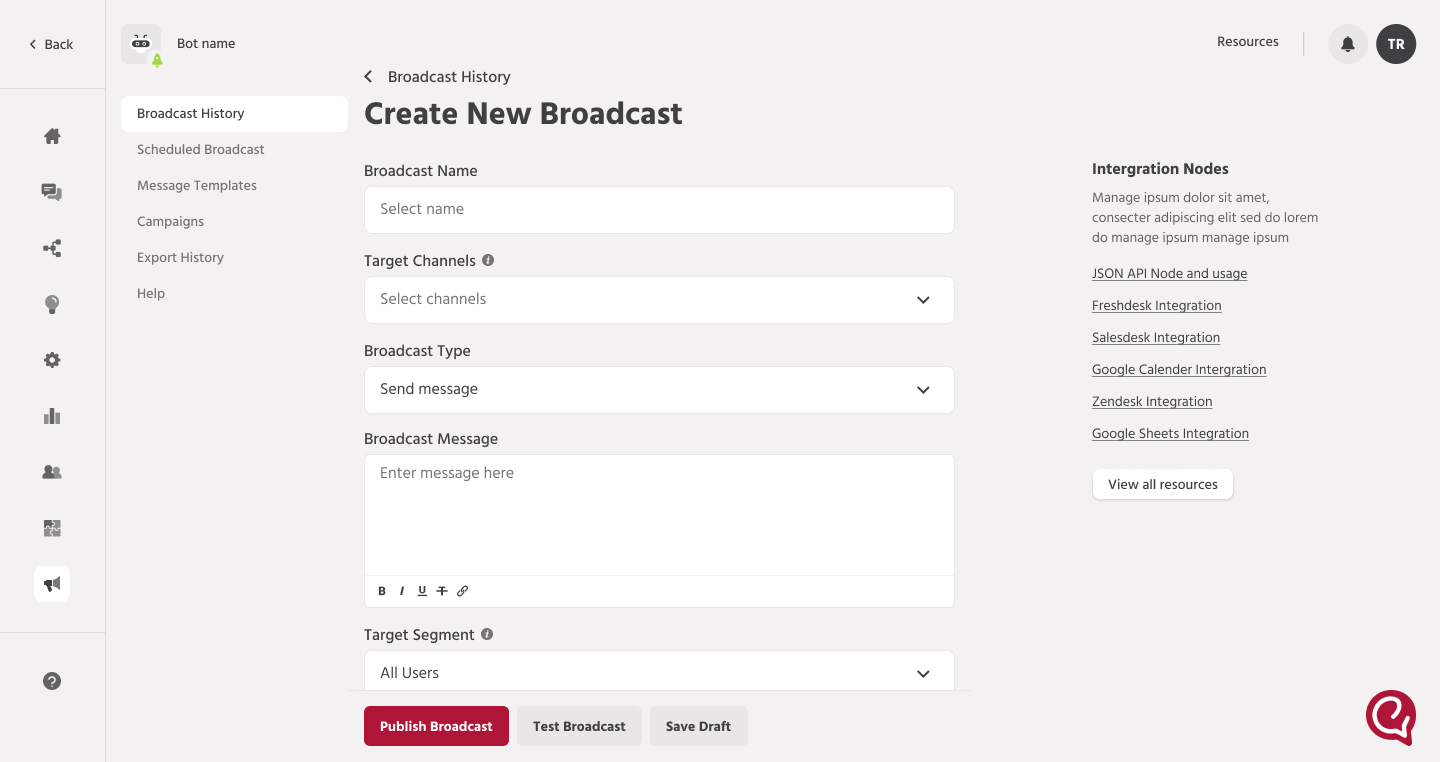 Engati Create new broadcast screen