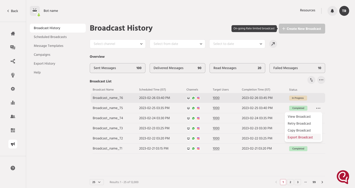 Engati Broadcast history screen