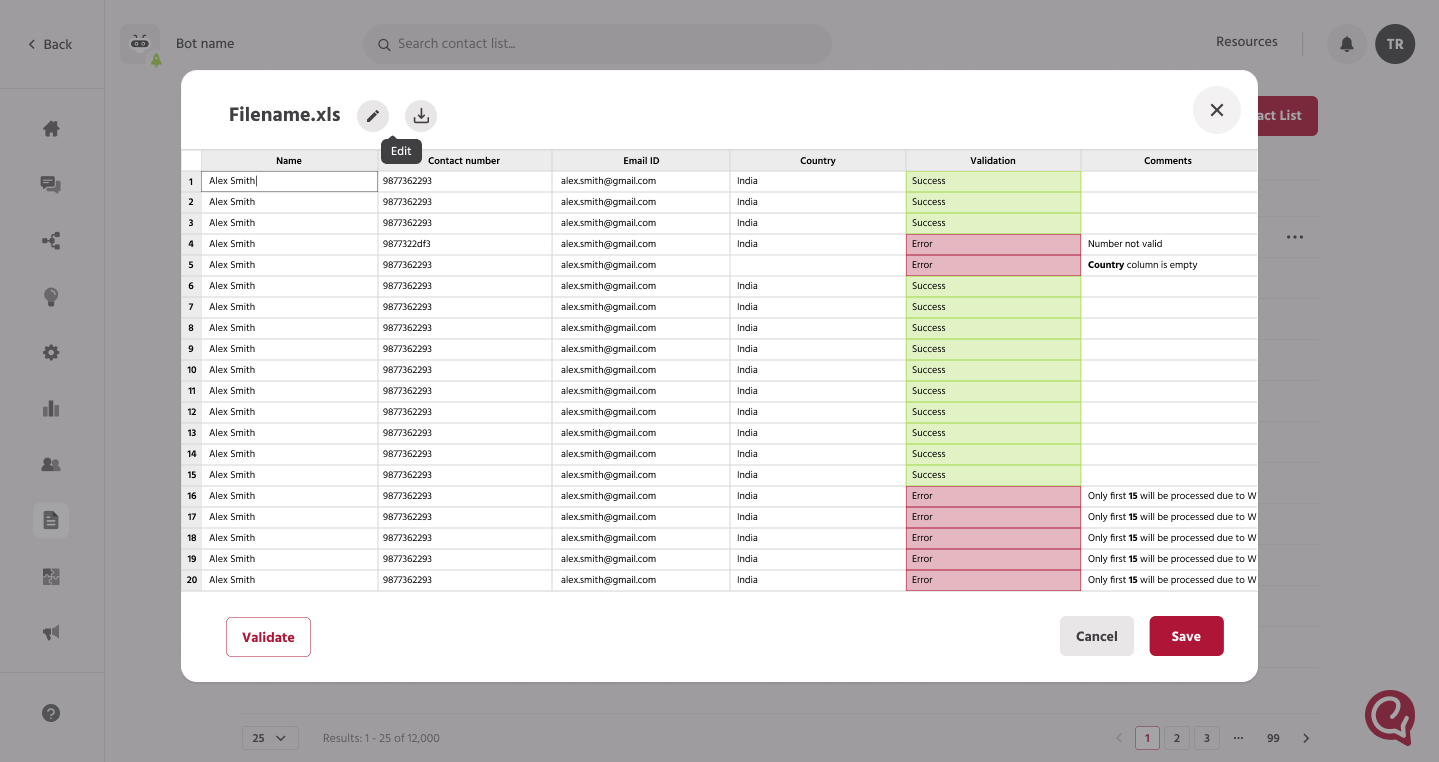Engati Contact import   inline validation screen