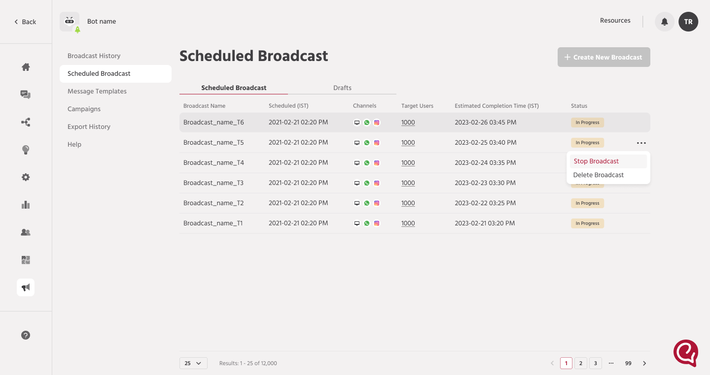 Engati Scheduled broadcasts screen